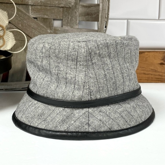 Vintage 90s Pinstripe Bucket Hat Wool Blend Faux Leather Trim Rhinestone Detail - Picture 3 of 9